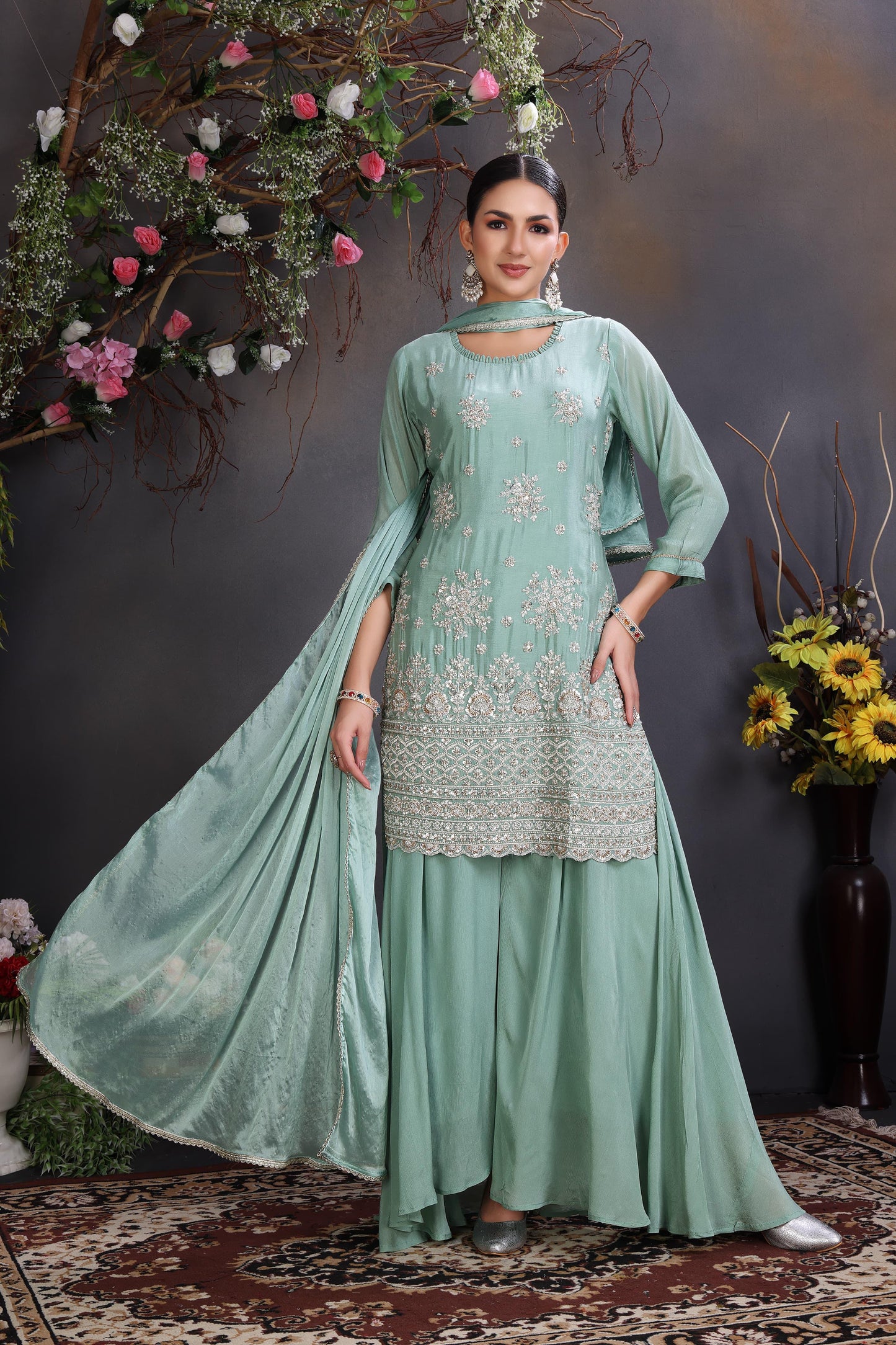 C Green Palazo suit with organza dupatta