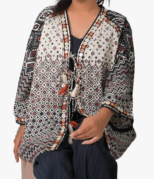 Three piece ajrak print jacket with pants and inner