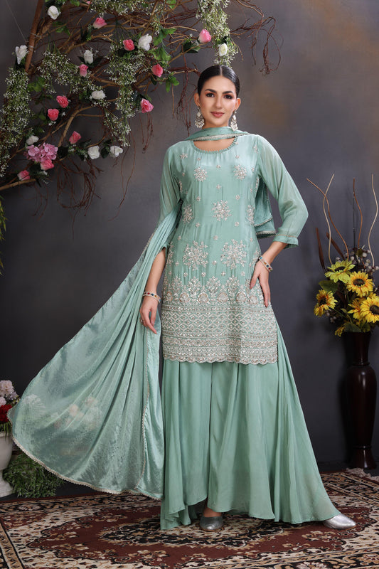C Green Palazo suit with organza dupatta
